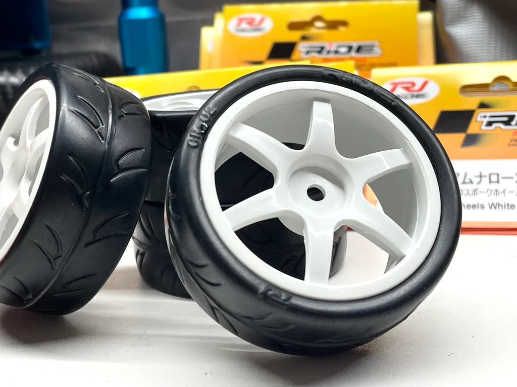Ride RC 24mm Treaded Tires Set Pre Glued on 6 Spoke Wheels FWD Spec Class/USGT White (4)
